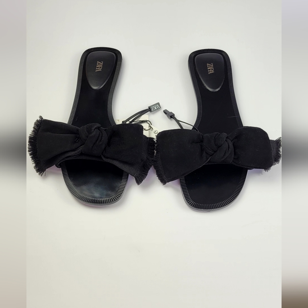 Zara Black Bow Slide Sandals Size 38 NEW With Tags Leather Airfit - Picture 2 of 10